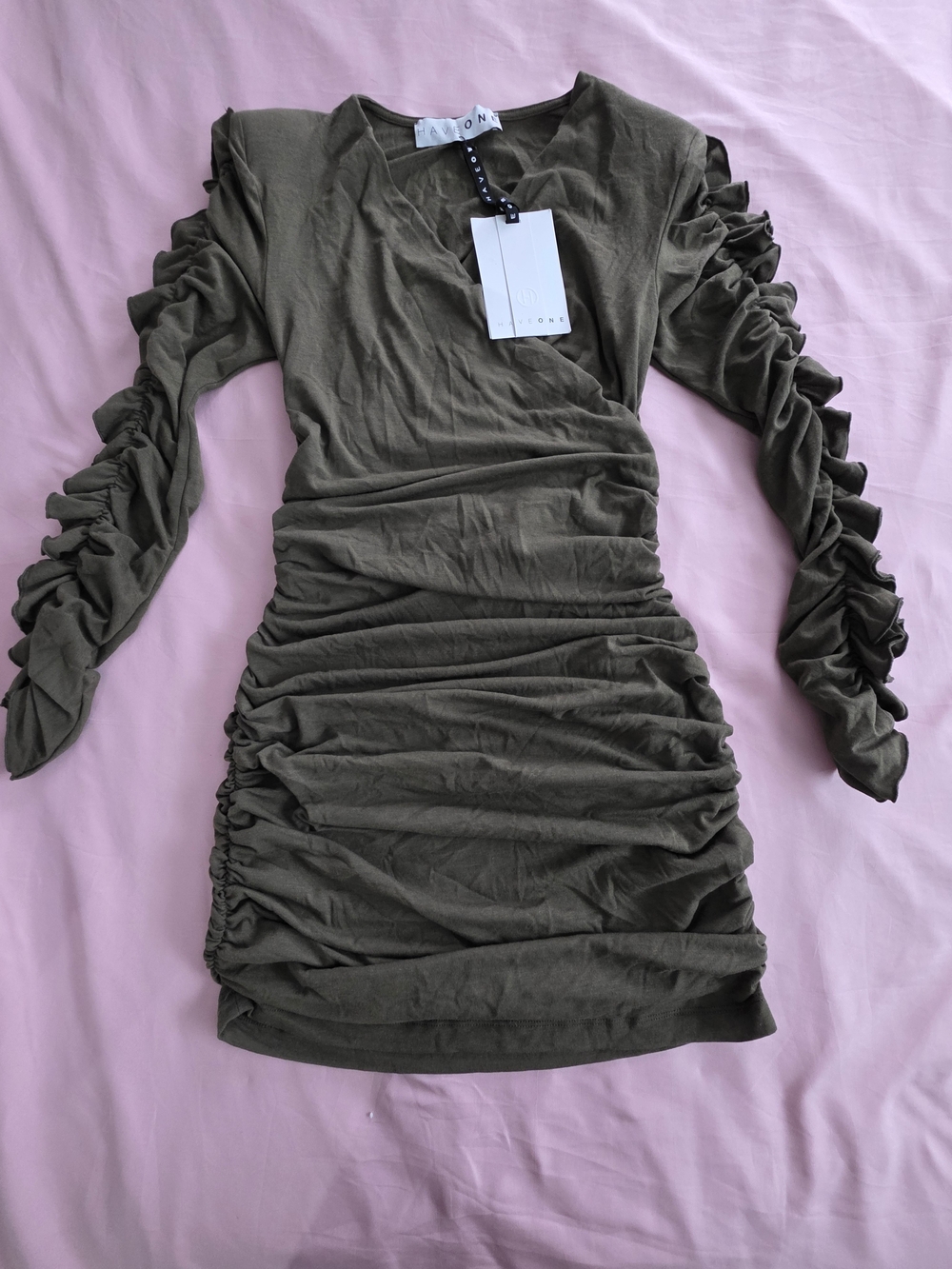 Ruched Olive Long-Sleeve Mini Dress